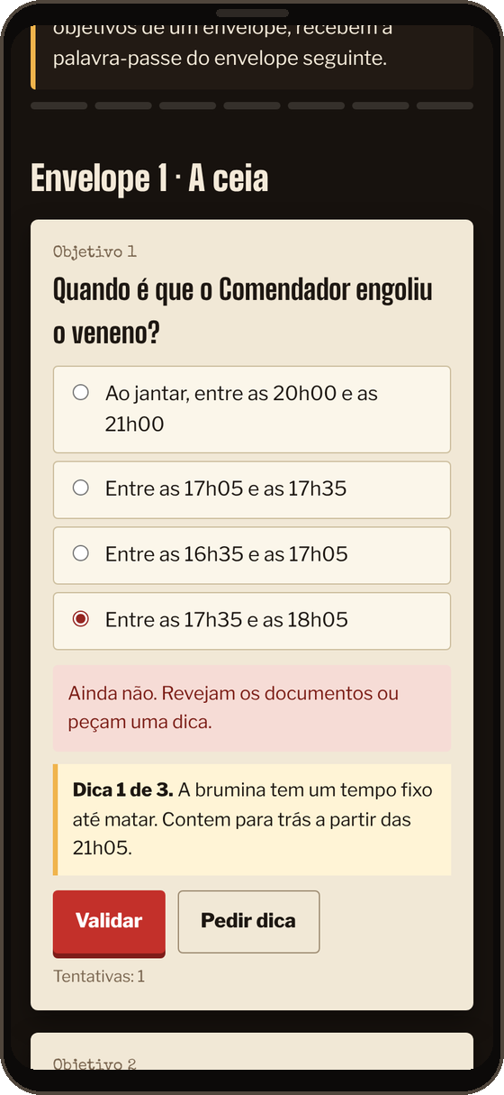Central do Inspetor no telemóvel: um objetivo com quatro opções, um aviso de resposta errada e a primeira dica