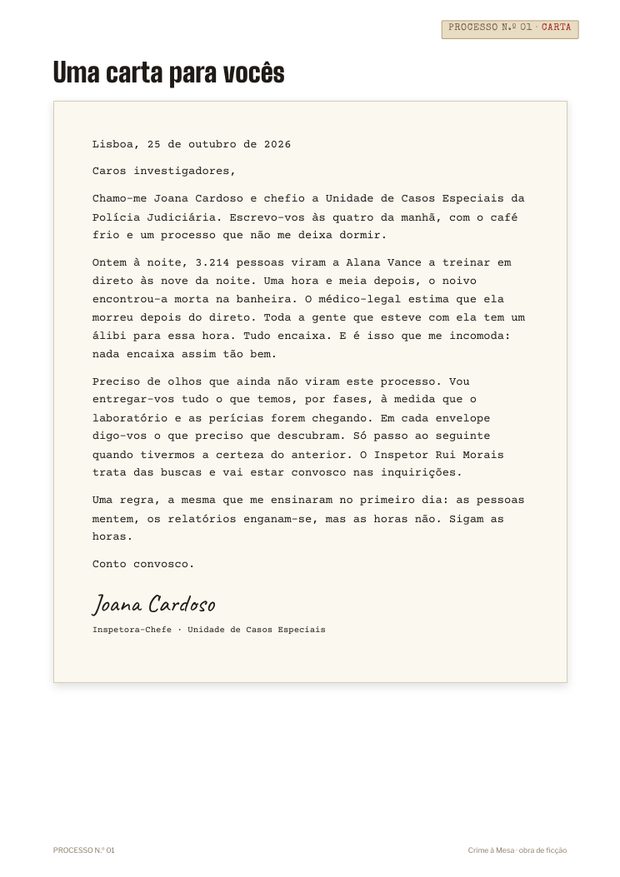Carta da Inspetora-Chefe Joana Cardoso aos investigadores, no Comece aqui do processo 01