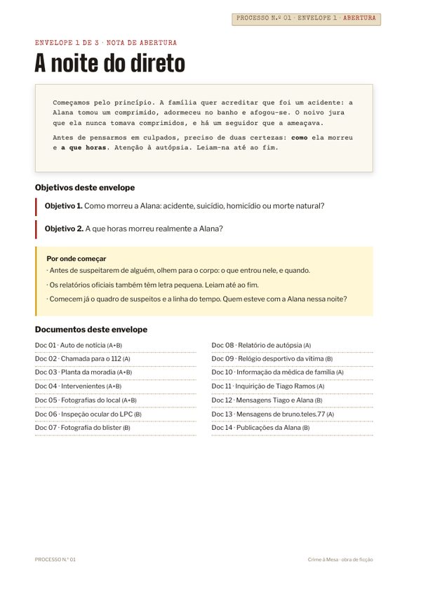 Nota de abertura do Envelope 1 do processo 01, com os objetivos e por onde começar