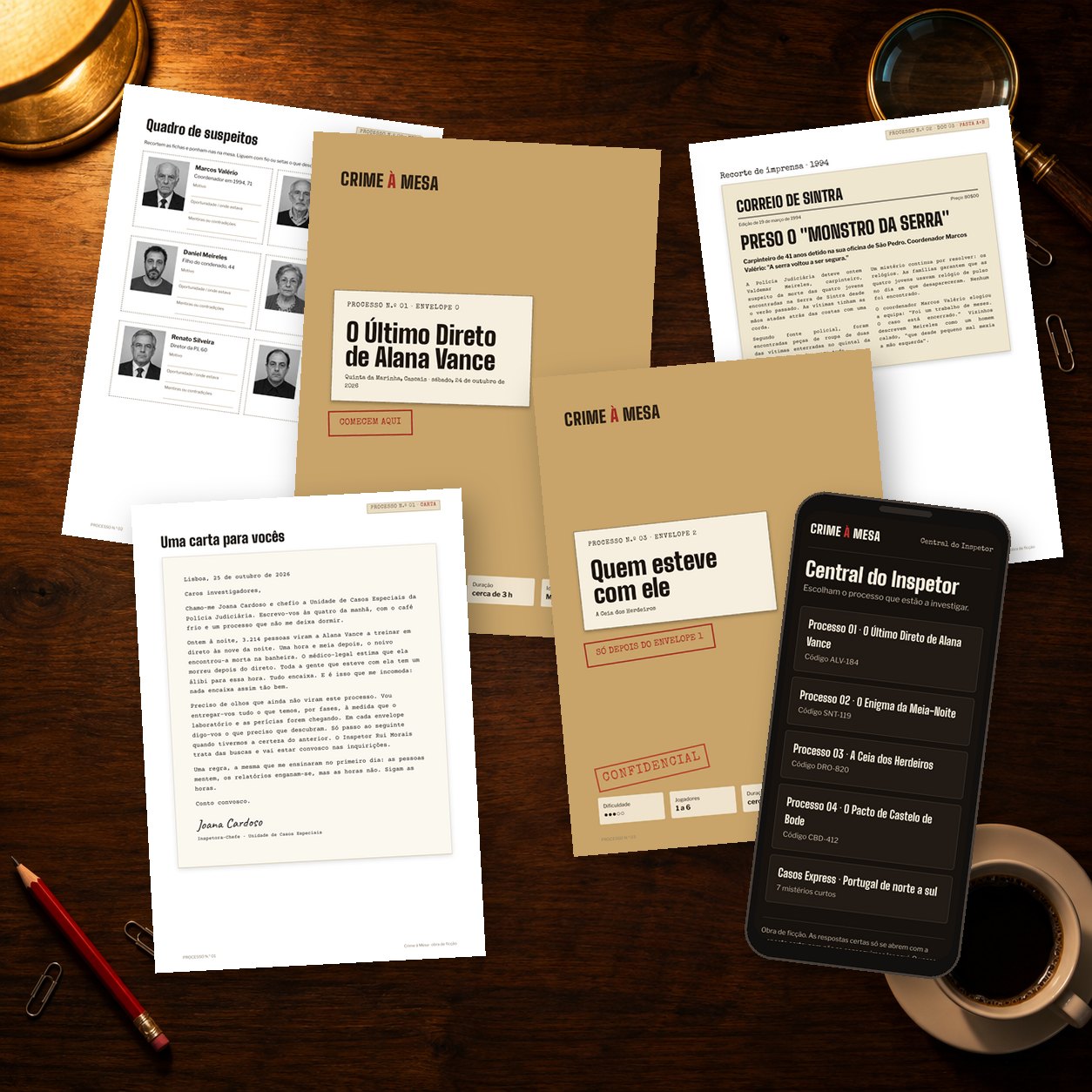 Um processo do Crime à Mesa sobre a mesa: o Comece aqui, a carta da Inspetora-Chefe, um envelope trancado, o quadro de suspeitos e a Central do Inspetor no telemóvel
